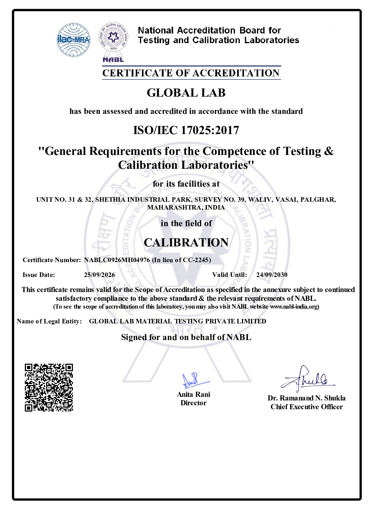 Vasai Calibration Certificate